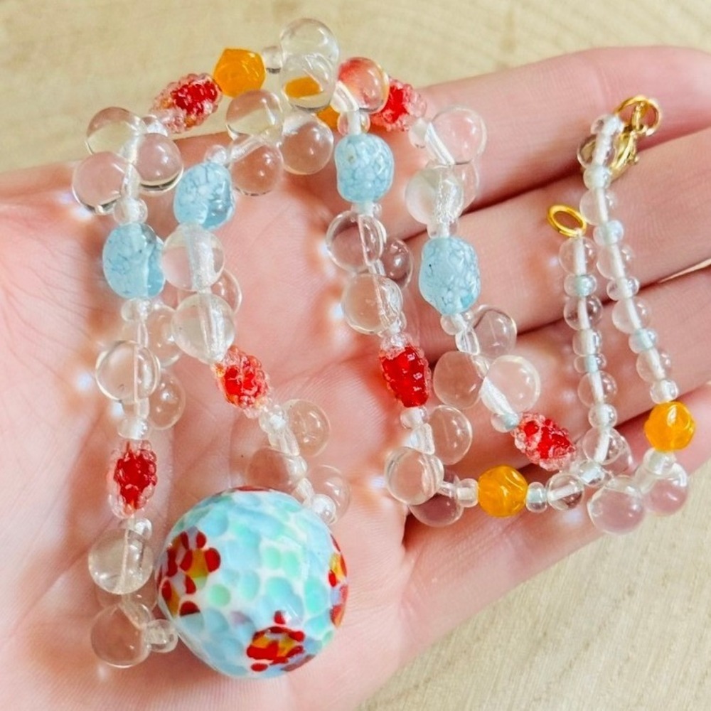 VTG Art Glass floral Necklace lampwork Beads colorful blue red orange poured 18"